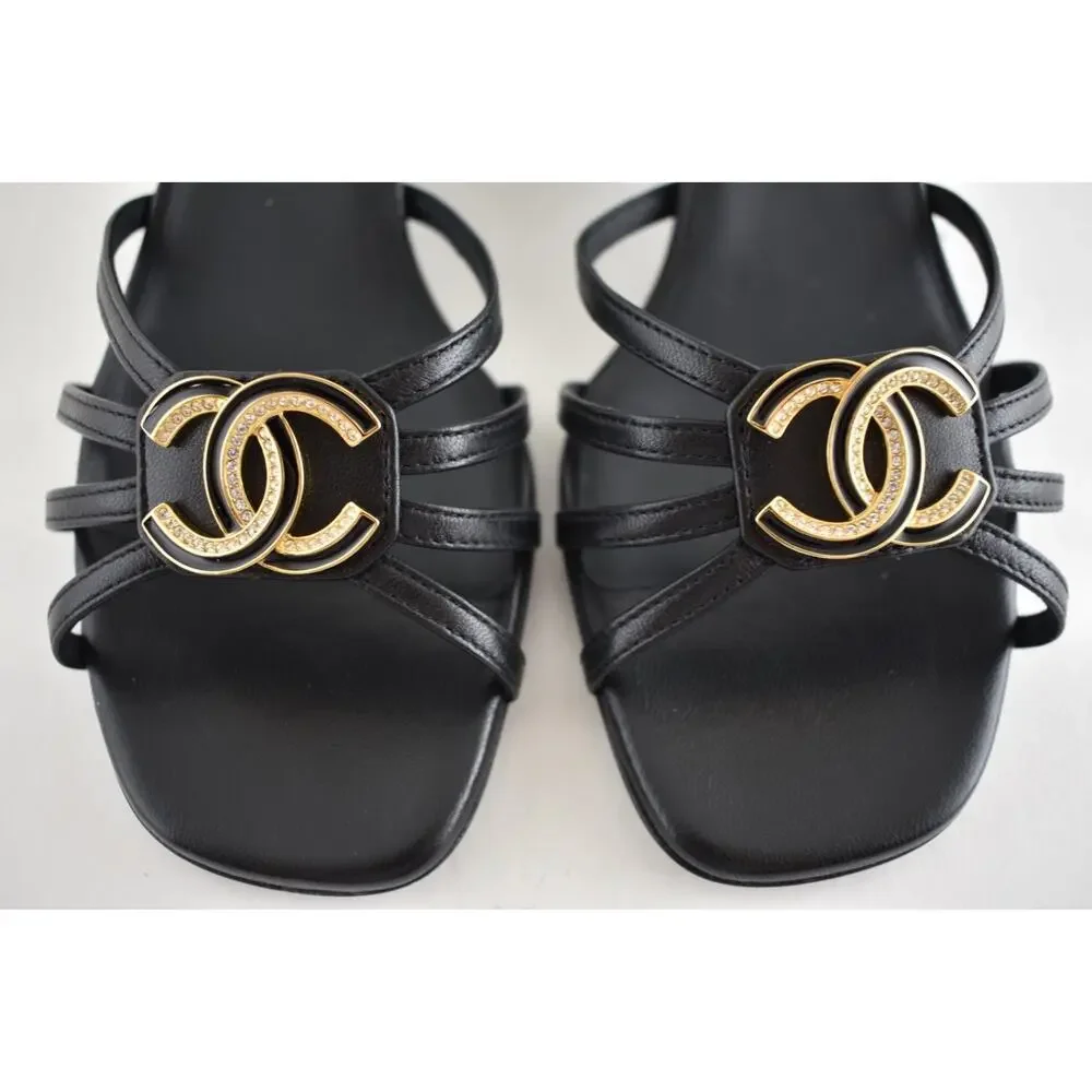 Chanel 25P Black Leather Crystal Gold CC Logo Ankle Strap Block Heel Sandal 37.5
